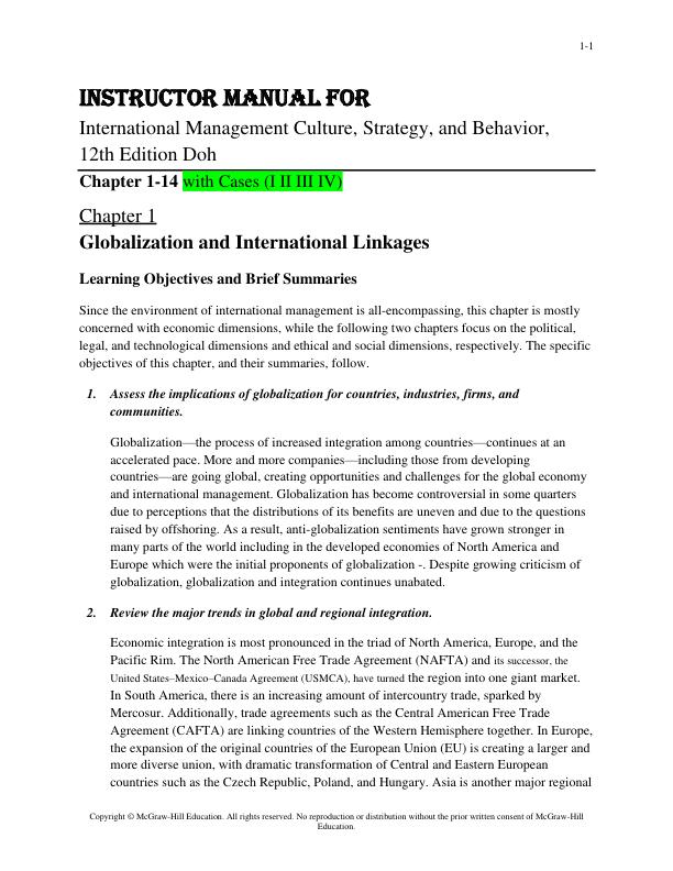 Instructor Solution Manual for International Management Culture, Strategy, and Behavior, 12th Edition Doh