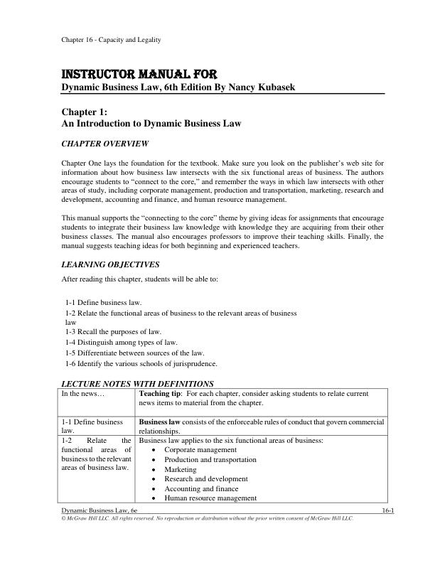Instructor Solution Manual For Dynamic Business Law, 6th Edition By Nancy Kubasek