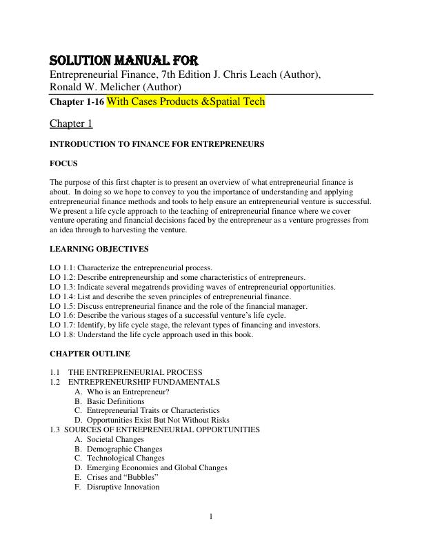 Solution Manual for Entrepreneurial Finance, 7th Edition J. Chris Leach, Ronald W. Melicher