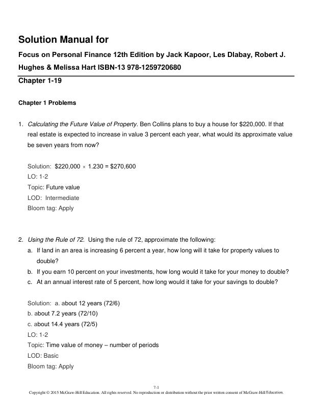 Solution Manual for Focus on Personal Finance 12th Edition by Jack Kapoor, Les Dlabay, Robert J. Hughes & Melissa Hart ISBN-13 ‎978-1259720680