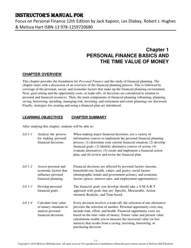 Instructor Manual for Focus on Personal Finance 12th Edition by Jack Kapoor, Les Dlabay, Robert J. Hughes & Melissa Hart ISBN-13 ‎978-1259720680