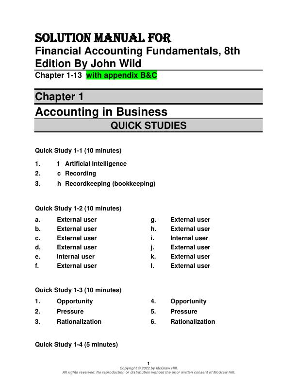 Solution Manual For Financial Accounting Fundamentals, 8th Edition By John Wild CHapter 1-13 with Appendix B&C