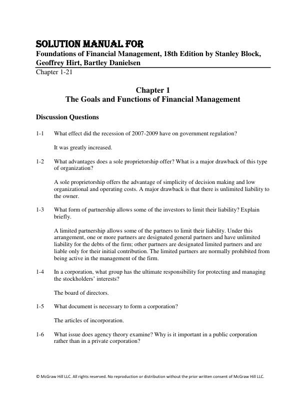 Solution Manual For Foundations of Financial Management, 18th Edition by Stanley Block, Geoffrey Hirt, Bartley Danielsen