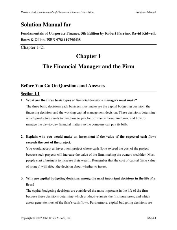 Solution Manual for Fundamentals of Corporate Finance, 5th Edition by Robert Parrino, David Kidwell, Bates & Gillan. ISBN 9781119795438