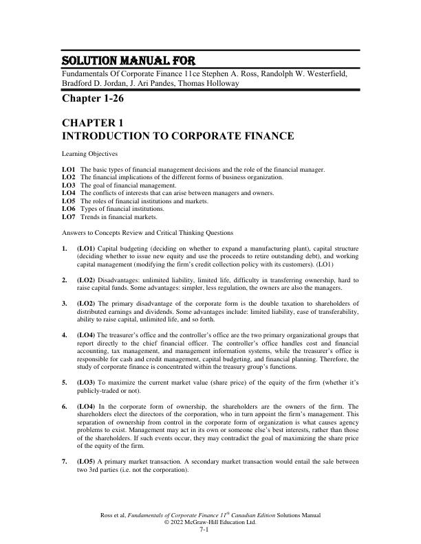 Solution Manual for Fundamentals Of Corporate Finance 11ce Stephen A. Ross, Randolph W. Westerfield, Bradford D. Jordan, J. Ari Pandes, Thomas Holloway