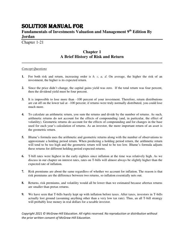 Solution Manual for Fundamentals of Investments Valuation and Management 9th Edition by Jordan