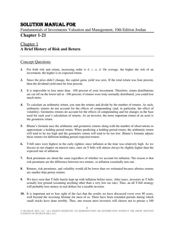 Solution Manual for Fundamentals of Investments Valuation and Management, 10th Edition by Bradford Jordan and Thomas Miller and Steve Dolvin