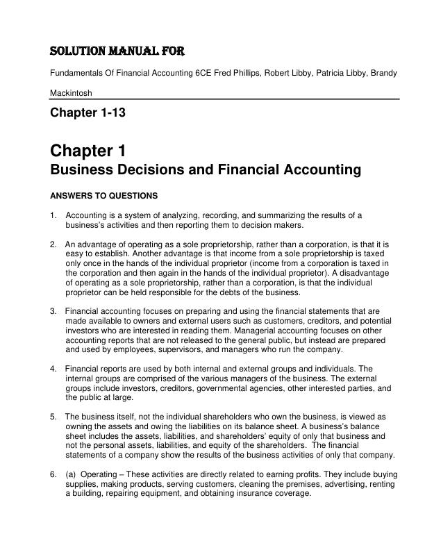 Solution Manual for Fundamentals Of Financial Accounting 6CE Fred Phillips, Robert Libby, Patricia Libby, Brandy Mackintosh