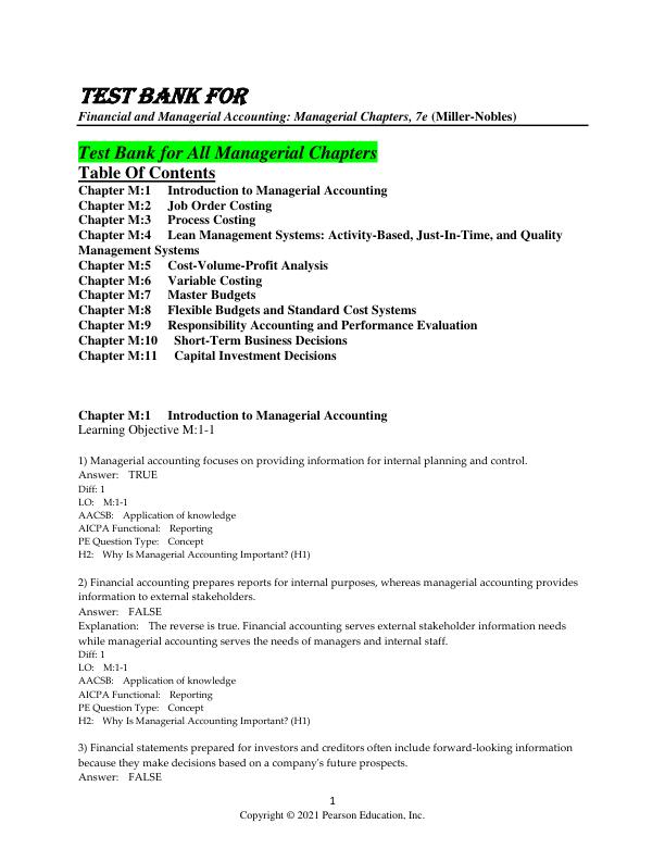 Test Bank for Horngren's Financial & Managerial Accounting, 7th edition Nobles [All Managerial Chapters]