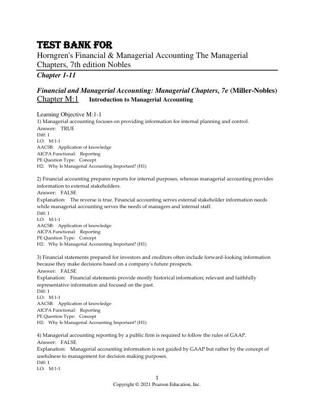 Test Bank for Horngren's Financial & Managerial Accounting The Managerial Chapters, 7th edition by Tracie Miller-Nobles, Brenda Mattison