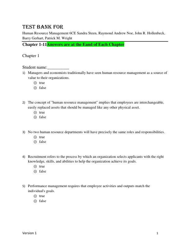 Test Bank for Human Resource Management 6CE Sandra Steen, Raymond Andrew Noe, John R. Hollenbeck, Barry Gerhart, Patrick M. Wright