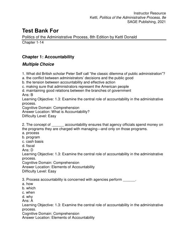 Test Bank for Politics of the Administrative Process, 8th Edition by Kettl Donald