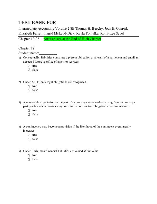 Test Bank for Intermediate Accounting Volume 2 8th Edition Thomas H. Beechy, Joan E. Conrod, Elizabeth Farrell, Ingrid McLeod-Dick, Kayla Tomulka, Romi-Lee Sevel