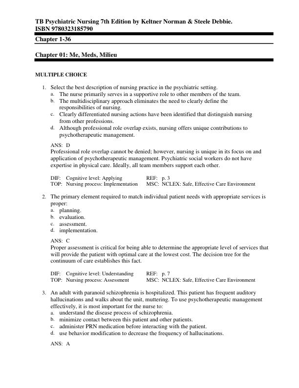 Test Bank for Psychiatric Nursing 7th Edition by Keltner Norman & Steele Debbie. ISBN 9780323185790