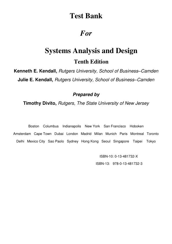 Test Bank for Systems Analysis and Design 10th Edition by Kendall Kenneth and Kendall Julie