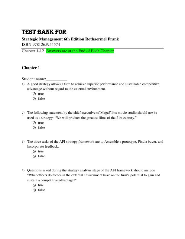 Test Bank for Strategic Management 6th Edition Rothaermel Frank ISBN 9781265954574