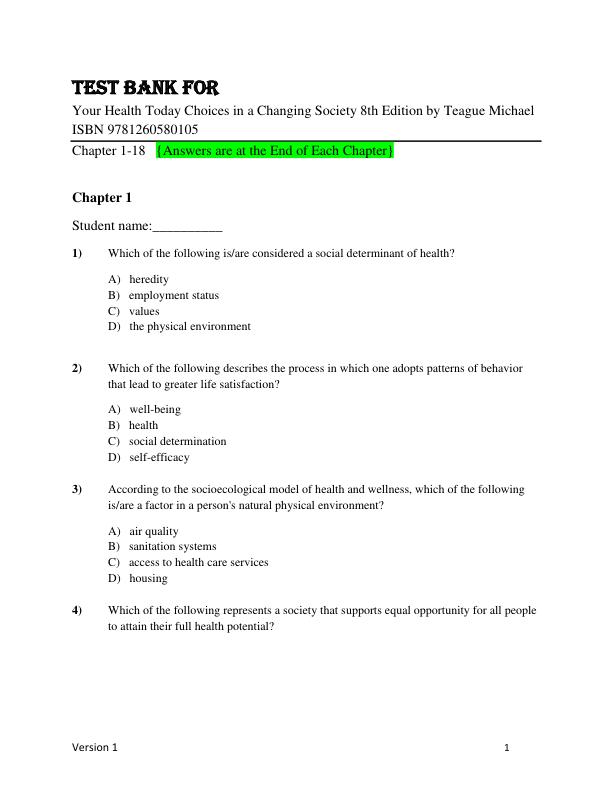 Test Bank for Your Health Today Choices in a Changing Society 8th Edition by Teague Michael ISBN 9781260580105