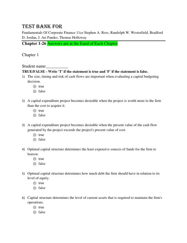 Test Best For Fundamentals Of Corporate Finance 11ce Stephen A. Ross, Randolph W. Westerfield, Bradford D. Jordan, J. Ari Pandes, Thomas Holloway