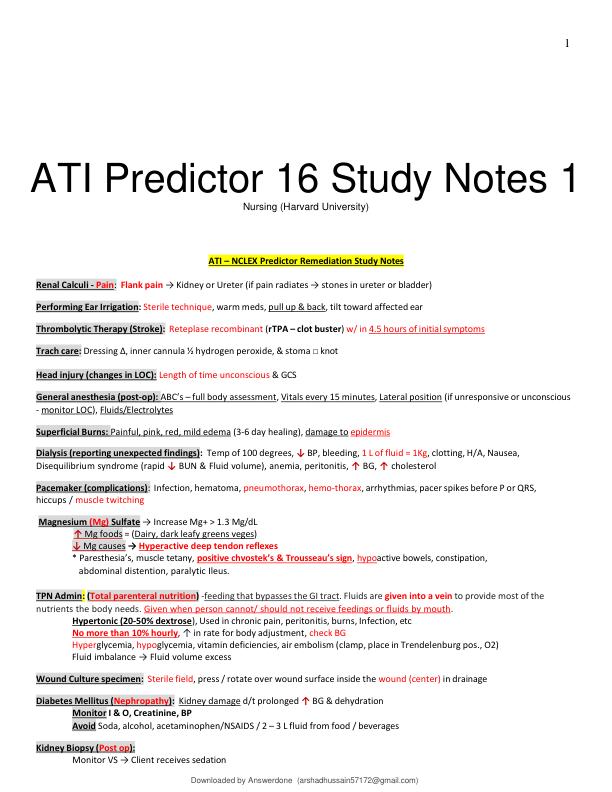 ATI Predictor 16 Study Notes 1