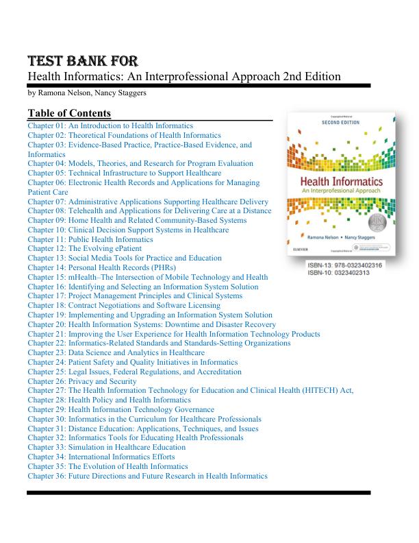 TEST BANK FOR Health Informatics An Interprofessional Approach 2nd Edition by Ramona Nelson, Nancy Chapter 1-36