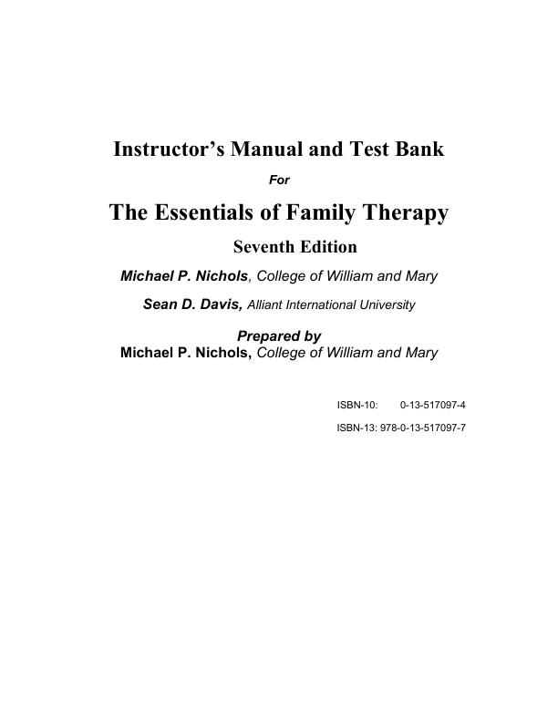 Instructor’s Manual and Test Bank for The Essentials of Family Therapy 7th Edition by Michael P. Nichols