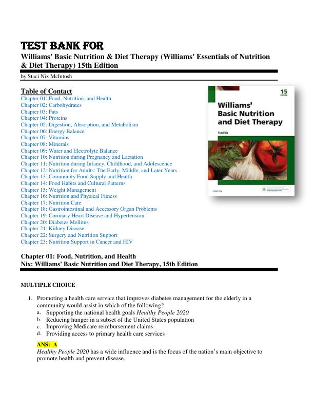 TEST BANK FOR Williams' Basic Nutrition & Diet Therapy (Williams' Essentials of Nutrition & Diet Therapy) 15th Edition by Staci Nix McIntosh Chapter 1-23