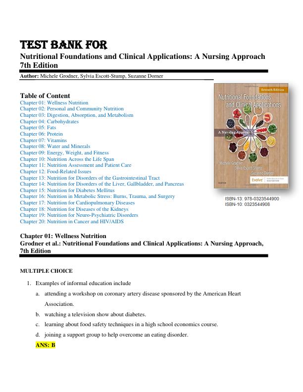 TEST BANK FOR Nutritional Foundations and Clinical Applications A Nursing Approach 7th Edition Author Michele Grodner Chapter 1-20