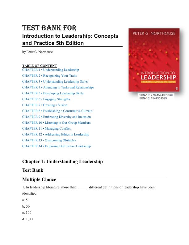 TEST BANK FOR Introduction to Leadership Concepts and Practice 5th Edition by Peter G. Northouse