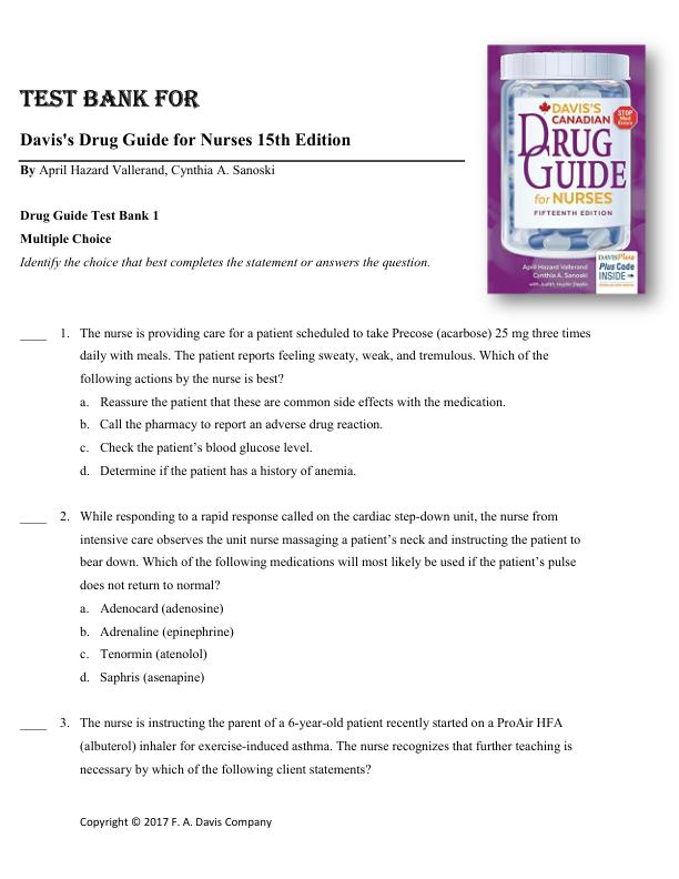 TEST BANK FOR Davis's Drug Guide for Nurses 15th Edition By April Hazard Vallerand, Cynthia A. Sanoski Test 1-4