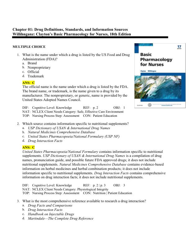 Test Bank Basic Pharmacology for Nurses 17th Edition by Michelle Willihnganz, Bruce D. Clayton Chapter 1-48