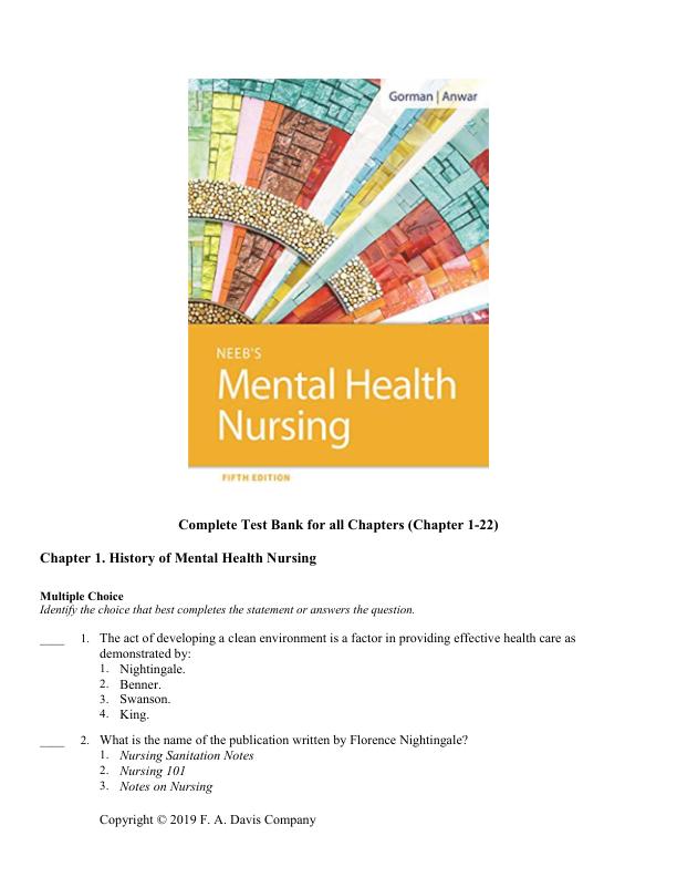 Test Bank For Neeb's Mental Health Nursing Linda M. Gorman, Robynn Anwar Chapter 1-22
