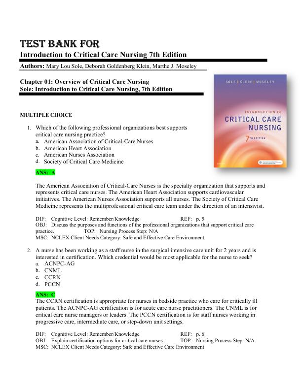 Test Bank Introduction to Critical Care Nursing 7th Edition by Mary Lou Sole, Deborah Goldenberg Klein, Marthe J. Moseley Chapter 1-21