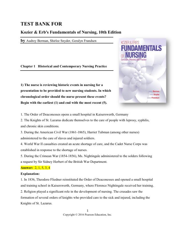 Test Bank Kozier & Erb's Fundamentals of Nursing, 10th Edition by Audrey Berman, Shirlee Snyder, Geralyn Frandsen Chapter 1-52