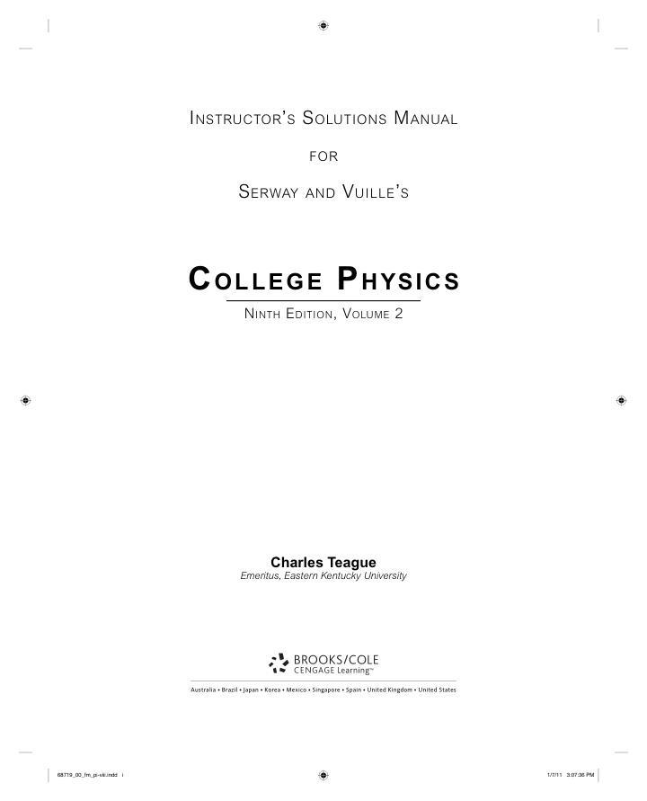 INSTRUCTOR’S SOLUTIONS MANUAL for College Physics 9th Edition Vol2 by Serway, Vuille