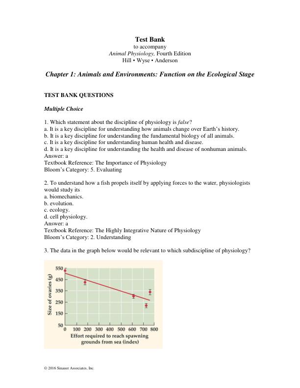 Test Bank Animal Physiology 4th edition by Hills, Wyse, Anderson