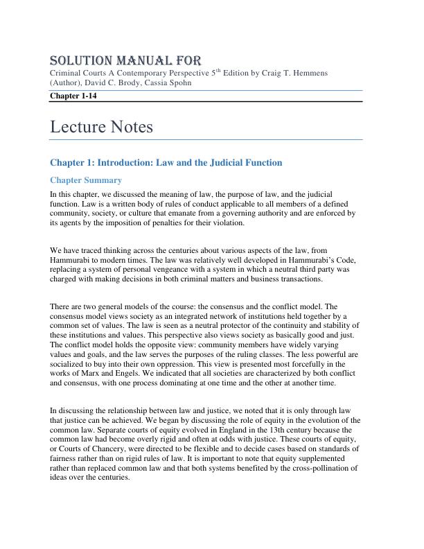 Solution Manual For Criminal Courts A Contemporary Perspective 5th Edition by Craig T. Hemmens (Author), David C. Brody (Author), Cassia Spohn (Author) Chapter 1-14