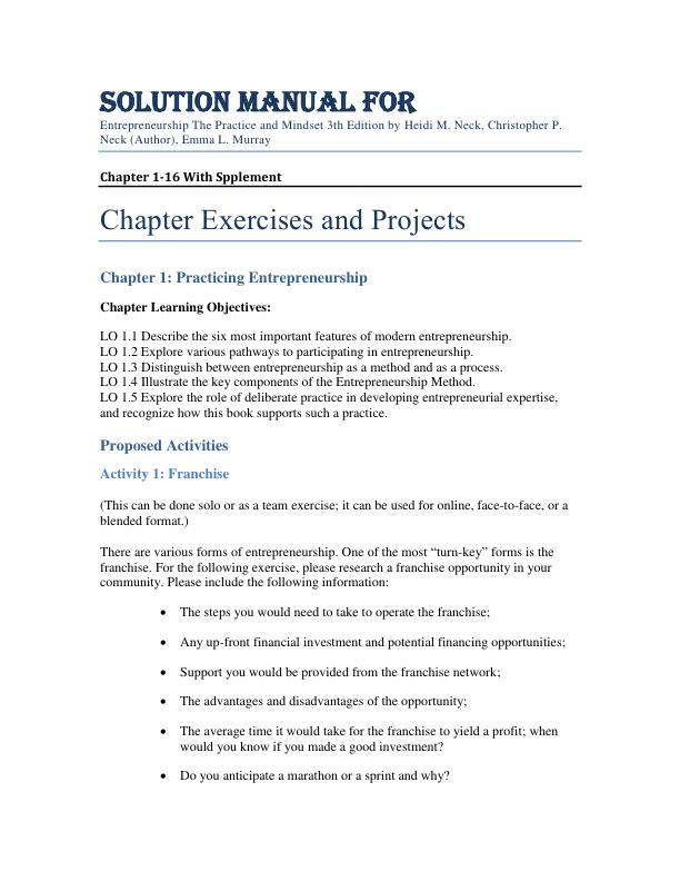 Solution Manual For Entrepreneurship The Practice and Mindset 3th Edition by Heidi M. Neck, Christopher P. Neck, Emma L. Murray Chapter 1-16 With Supplement