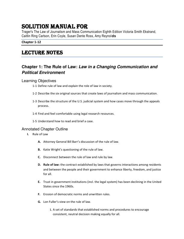 Solution Manual For Trager's The Law of Journalism and Mass Communication 8th Edition Victoria Smith Ekstrand, Caitlin Ring Carlson, Erin Coyle, Susan Dente Ross, Amy Reynolds Chapter 1-12