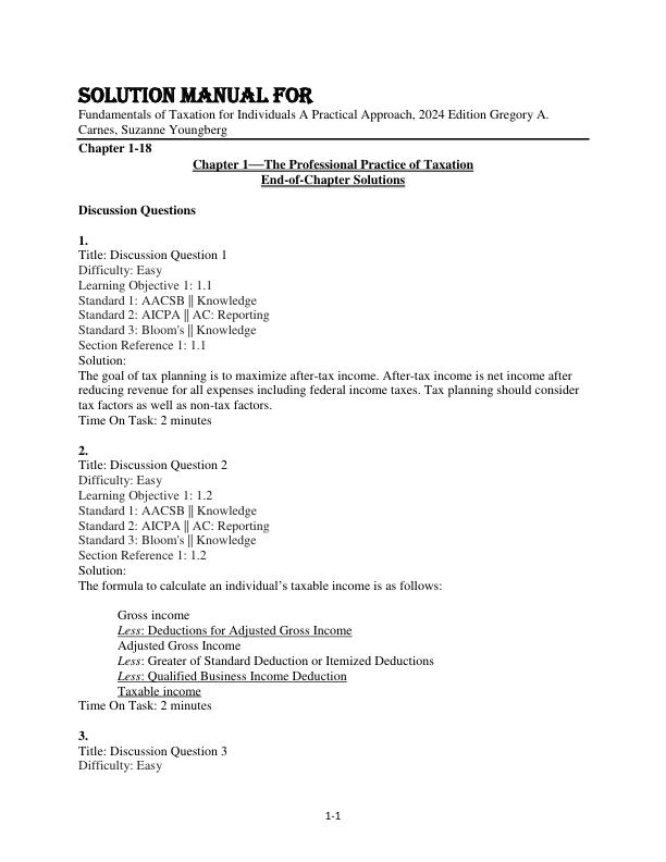 Solution Manual For Fundamentals of Taxation for Individuals A Practical Approach, 2024 Edition by Gregory A. Carnes, Suzanne Youngberg Chapter 1-16