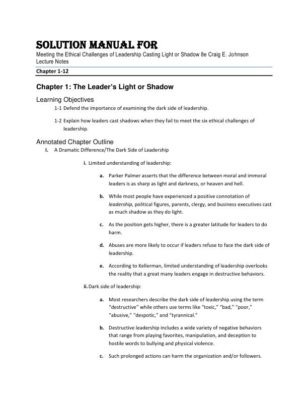 Solution Manual For Meeting the Ethical Challenges of Leadership Casting Light or Shadow 8th Edition by Craig E. Johnson Chapter 1-12