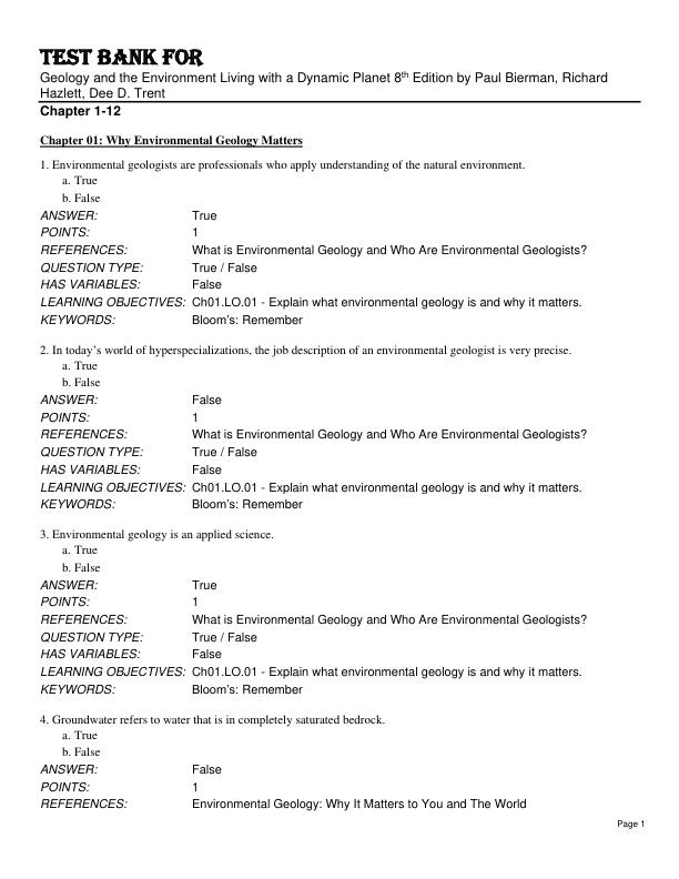 Solution Manual For Geology and the Environment Living with a Dynamic Planet 8th Edition by Paul Bierman, Richard Hazlett, Dee D. Trent Chapter 1-12
