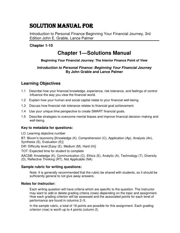Solution Manual For Introduction to Personal Finance Beginning Your Financial Journey, 3rd Edition by John E. Grable, Lance Palmer Chapter 1-10