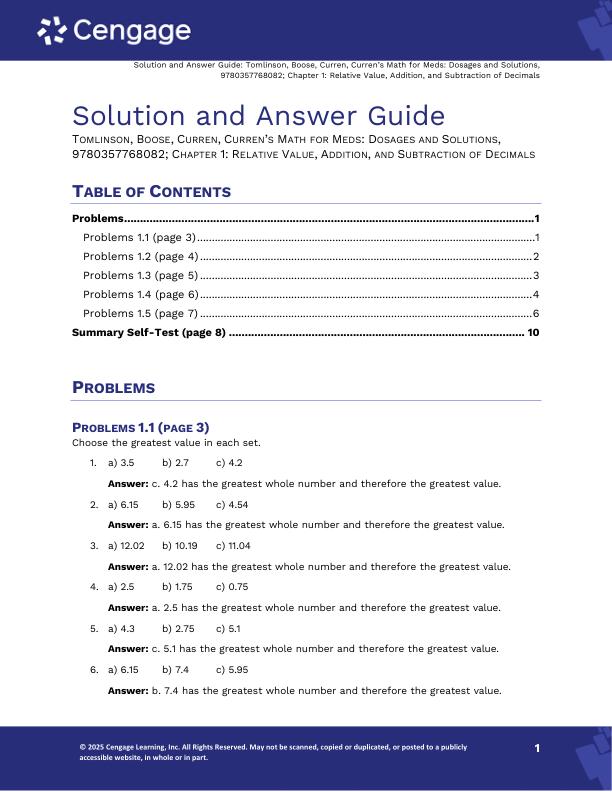 Solution Manual For Curren's Math for Meds Dosages and Solutions 12th Edition by Gladdi Tomlinson, Lou Ann Boose Chapter 1-22