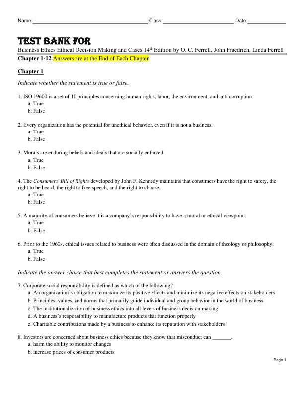 Test Bank For Business Ethics Ethical Decision Making and Cases 14th Edition by O. C. Ferrell, John Fraedrich, Linda Ferrell Chapter 1-12
