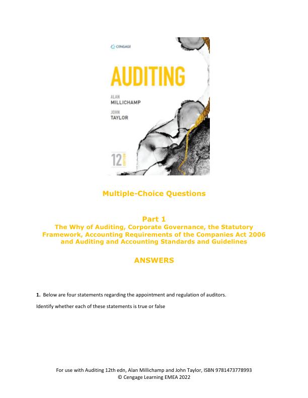 Test Bank for Auditing, 12th Edition John R. Taylor, Alan Millichamp