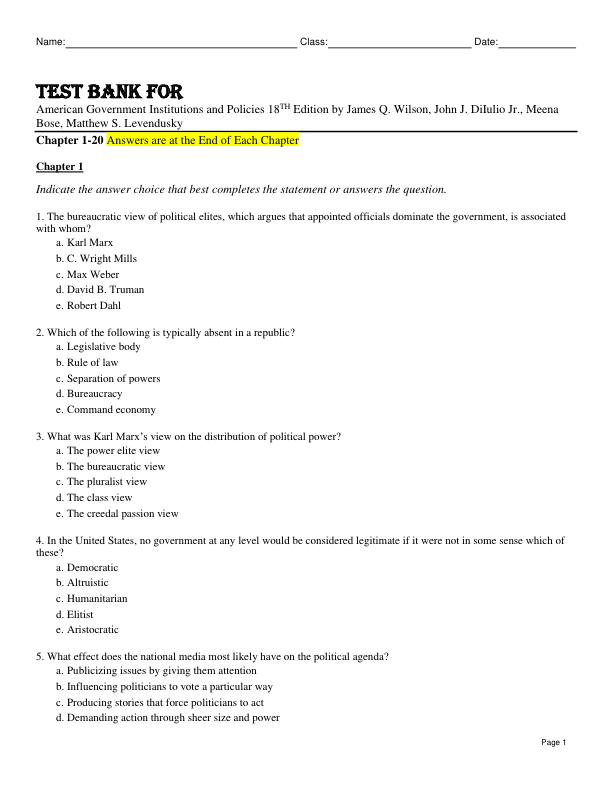 Test Bank For American Government Institutions and Policies 18th Edition by James Q. Wilson, John J. DiIulio Jr., Meena Bose, Matthew S. Levendusky Chapter 1-20