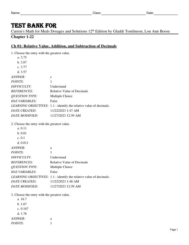 Test Bank For Curren's Math for Meds Dosages and Solutions 12th Edition by Gladdi Tomlinson, Lou Ann Boose Chapter 1-22