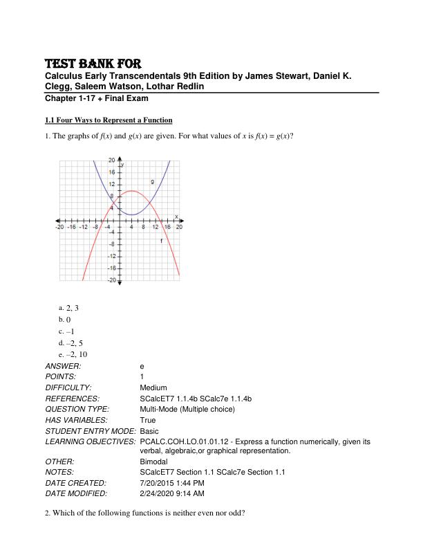 Test Bank for Calculus Early Transcendentals 9th Edition by James Stewart, Daniel K. Clegg, Saleem Watson, Lothar Redlin