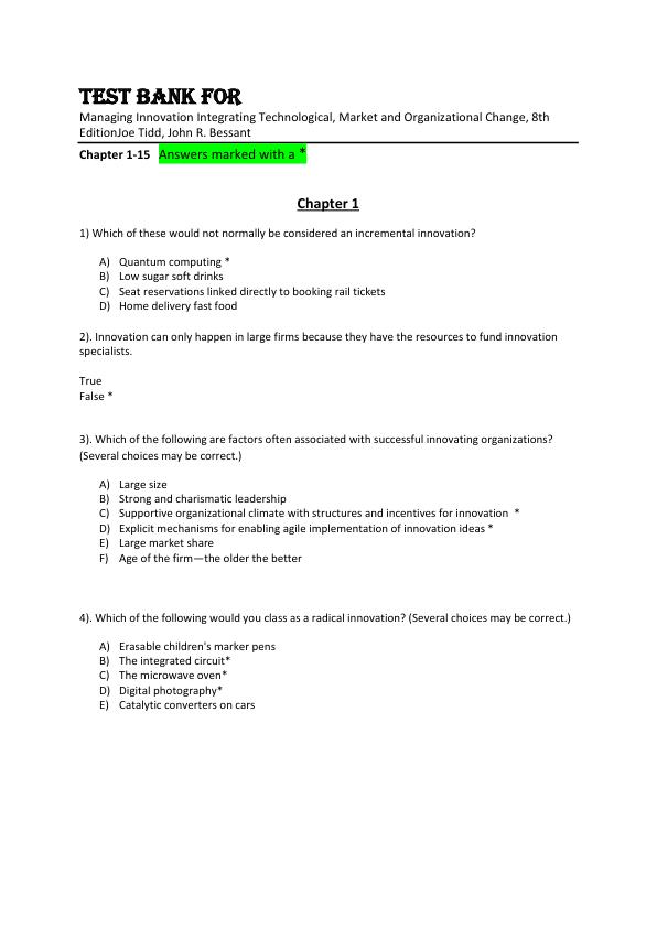 Test Bank For Managing Innovation Integrating Technological, Market and Organizational Change, 8th Edition by Joe Tidd, John R. Bessant Chapter 1-15