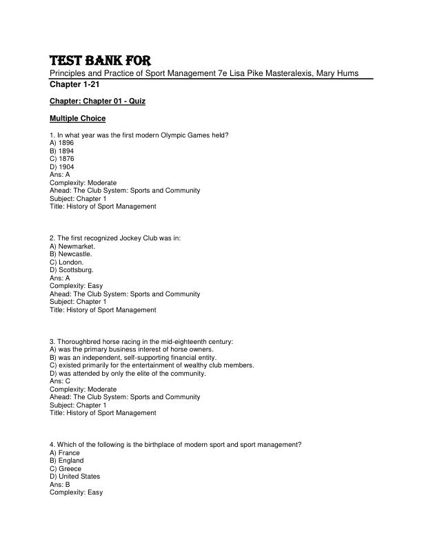 Test Bank For Principles and Practice of Sport Management 7th Edition by Lisa Pike Masteralexis, Mary Hums Chapter 1-21